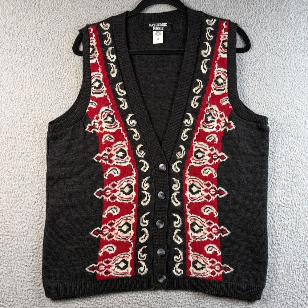 Vtg 90s Katherine Marie Women's M Paisley Knit Button Sweater Vest Boho Grandma
